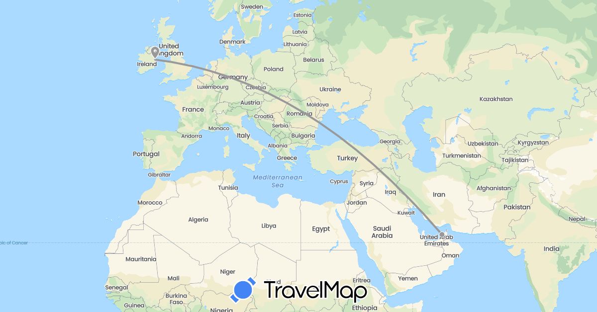 TravelMap itinerary: driving, plane in United Arab Emirates, Ireland (Asia, Europe)